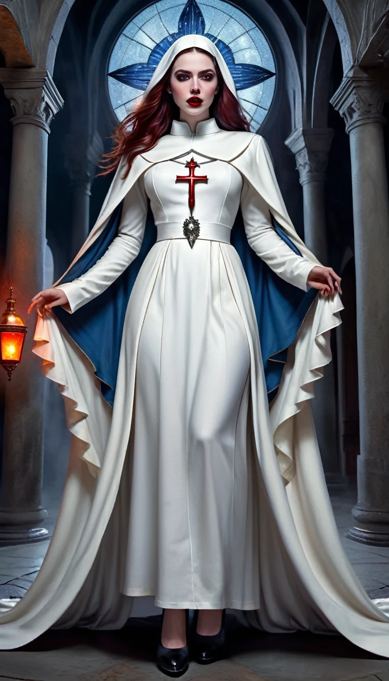 a picture of an exquisite beautiful female (nun: 1.3) vampire standing under the starry night sky on the porch of her monastary, action shot, dynamic angle (ultra detailed, Masterpiece, best quality), ultra detailed face (ultra detailed, Masterpiece, best quality), ultra feminine, (pale skin: 1.3), red hair, wavy hair, dynamic eyes color, cold eyes, glowing eyes, intense eyes, dark red lips, [fangs], wearing white nun habit (ultra detailed, Masterpiece, best quality), wearing blue cloak (ultra detailed, Masterpiece, best quality), long cloak, flowing cloak (ultra detailed, Masterpiece, best quality), wearing high heeled boots, sky full of stars background, moon, bats flying about, action shot, high details, best quality, 16k, [ultra detailed], masterpiece, best quality, (ultra detailed), full body, ultra wide shot, photorealism, dark fantasy art, dark fantasy art, gothic art, many stars, dark fantasy art, gothic art, sense of dread, bloodmagic