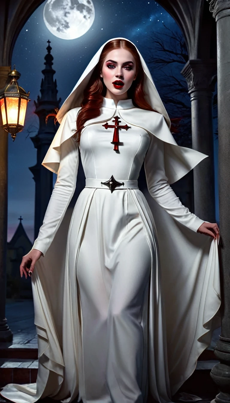 a picture of an exquisite beautiful female (nun: 1.3) vampire standing under the starry night sky on the porch of her monastary, action shot, dynamic angle (ultra detailed, Masterpiece, best quality), ultra detailed face (ultra detailed, Masterpiece, best quality), ultra feminine, (pale skin: 1.3), red hair, wavy hair, dynamic eyes color, cold eyes, glowing eyes, intense eyes, dark red lips, [fangs], wearing white nun habit (ultra detailed, Masterpiece, best quality), wearing blue cloak (ultra detailed, Masterpiece, best quality), long cloak, flowing cloak (ultra detailed, Masterpiece, best quality), wearing high heeled boots, sky full of stars background, moon, bats flying about, action shot, high details, best quality, 16k, [ultra detailed], masterpiece, best quality, (ultra detailed), full body, ultra wide shot, photorealism, dark fantasy art, dark fantasy art, gothic art, many stars, dark fantasy art, gothic art, sense of dread, bloodmagic