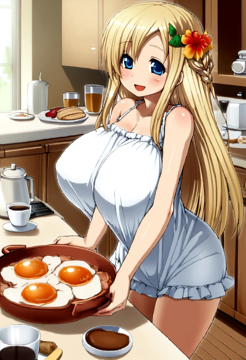 (Cute innocent white 12 year old), long blonde hair, flower on hair, blue eyes, (huge massive round breasts:1.3), making breakfast on a kitchen, breakfast, coffee, early in the morning, smiling, (wearing erotic minimalistic floral sundress), having fun, happy, smiling, blushing,