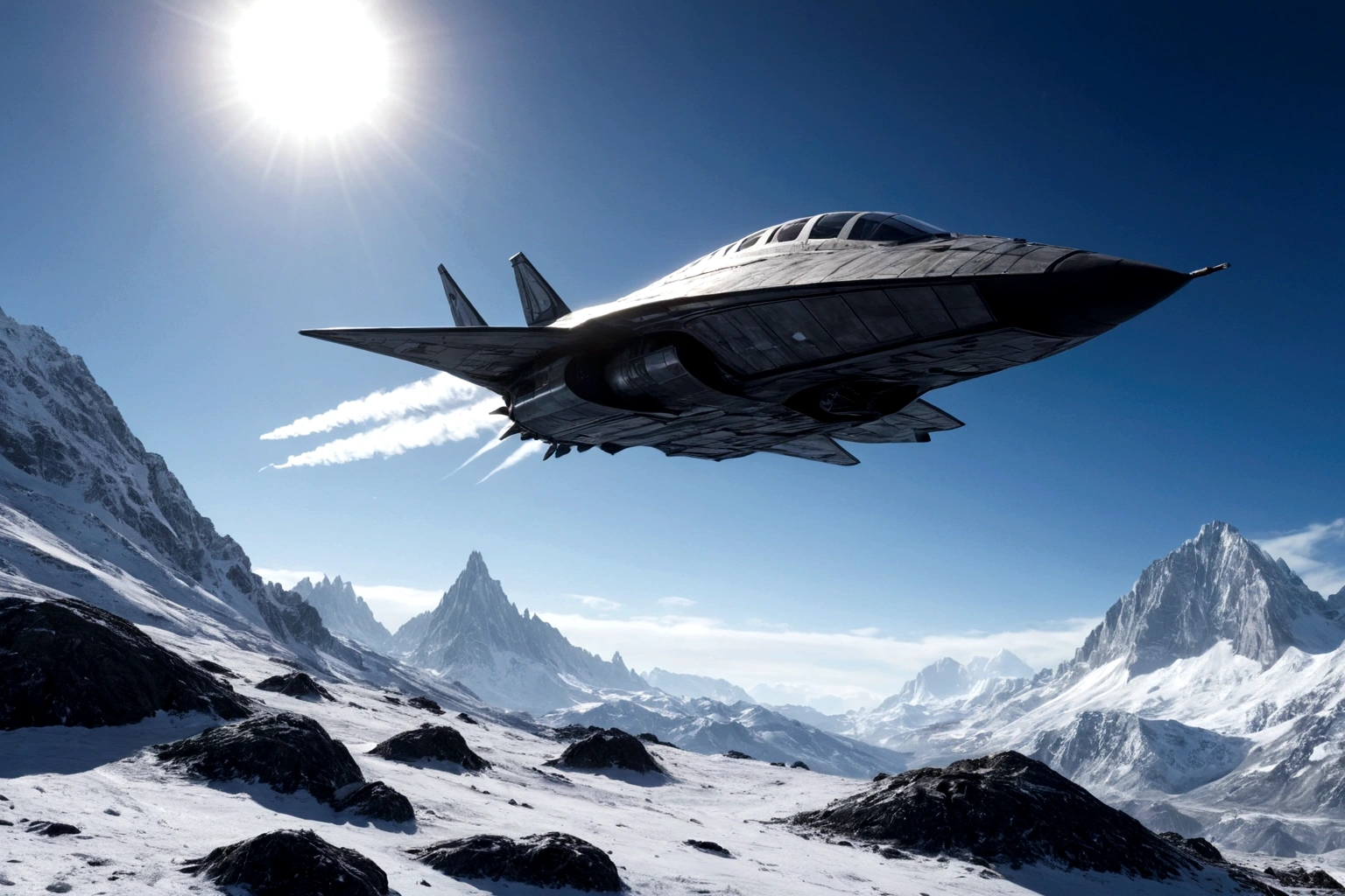 (((PASA UNA NAVE ESPACIAL DE COMBATE FUTURISTA SIGLO 40 DC PASA VOLANDO CERCA DEL SUELO EN PRIMER PLANO)), (((PASA UNA NAVE ESPACIAL DE COMBATE FUTURISTA SIGLO 40 DC PASA VOLANDO INCLINADA CERCA DEL SUELO EN PRIMER PLANO)), (((PASA UNA NAVE ESPACIAL DE COMBATE FUTURISTA SIGLO 40 DC PASA VOLANDO EN PRIMER PLANO)), ON AN ALIEN PLANET STEEP AND INTRINSIC MOUNTAINS WITH SHARP ROCKS WITH SNOW AND ICE, THE STORMY AND COLD SKY HAS THE CLOUDS DESTROYED BY THE FREEZING WIND FROM THE POLE, IMAGEN HIPER REALISTA, MAXIMUM DEPTH OF FIELD, MAXIMUM HDR 4K RESOLUTION, PERSPECTIVA PERFECTA