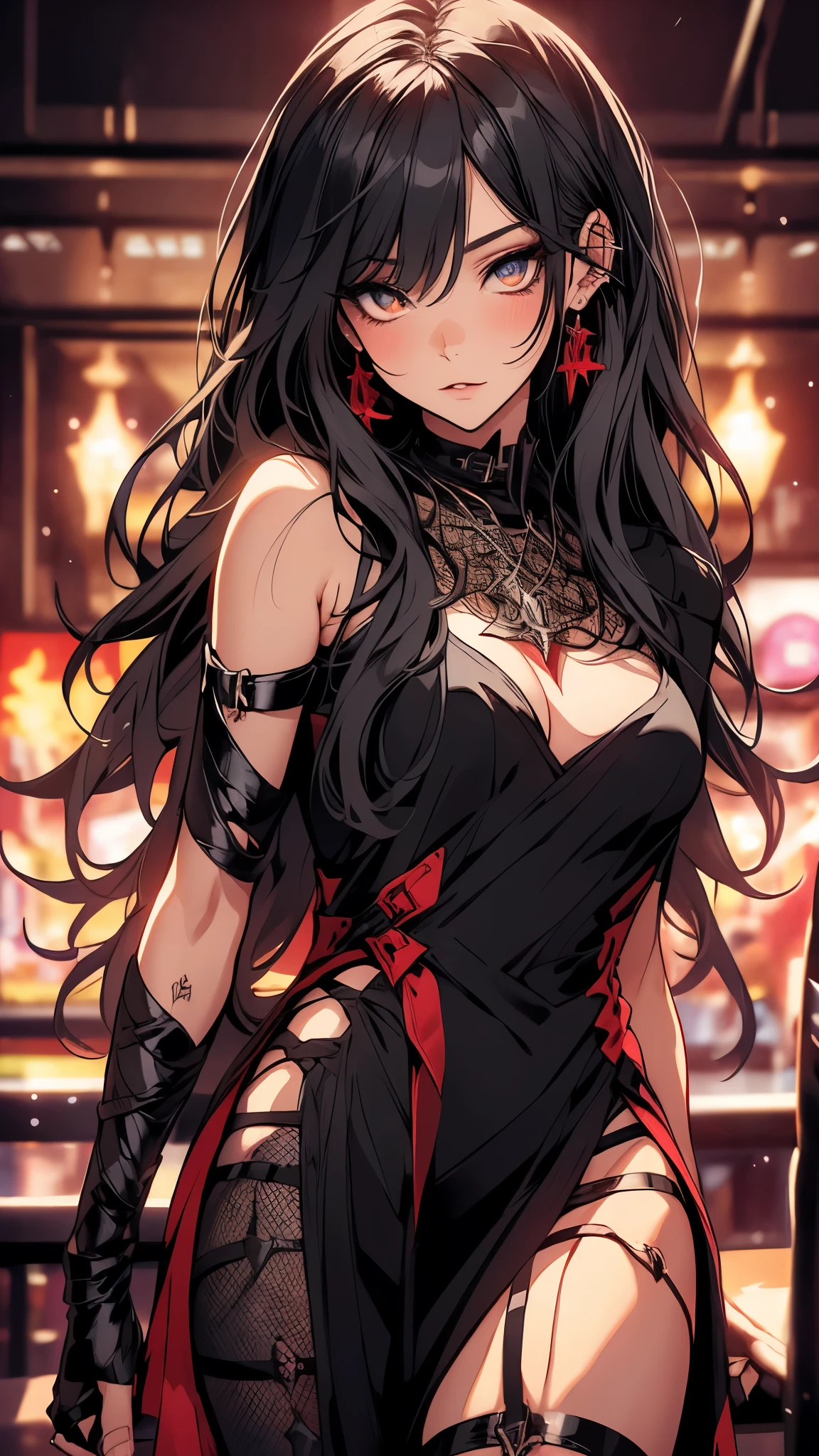 a woman in a black dress with a knife and a red background, Ayaka Genshin Impact, Kushart Krenz Kei Art female, Anya from the spy family x, grimm gremory, seductive anime girl, ayaka genshin impact game, Asuka costumes under clothes!, Zenkei full body! Asuka costumes, extremely detailed artgerm, 1girl, beautiful detailed eyes, beautiful detailed lips, extremely detailed eyes and face, long eyelashes, solo, portrait, dark fantasy, mysterious, cinematic lighting, dramatic, dramatic lighting, vibrant colors, rich textures, (best quality,4k,8k,highres,masterpiece:1.2),ultra-detailed,(realistic,photorealistic,photo-realistic:1.37),HDR,UHD,studio lighting,ultra-fine painting,sharp focus,physically-based rendering,extreme detail description,professional,vivid colors,bokeh