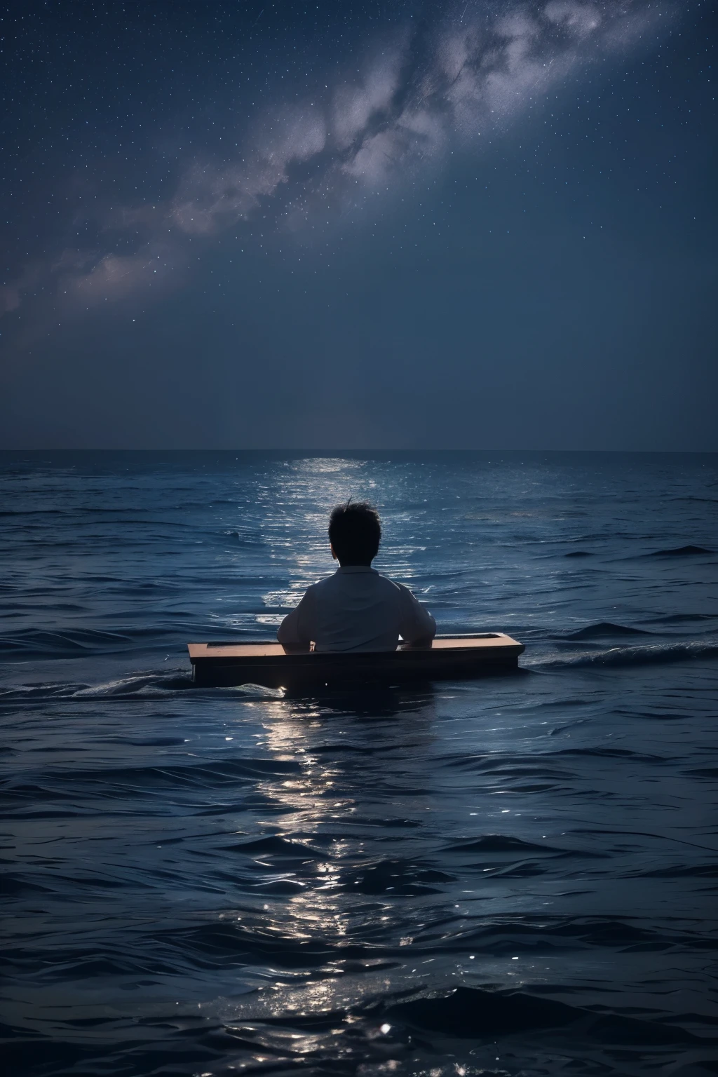 A boy floating on the sea，It was raining lightly，looking at the starry night