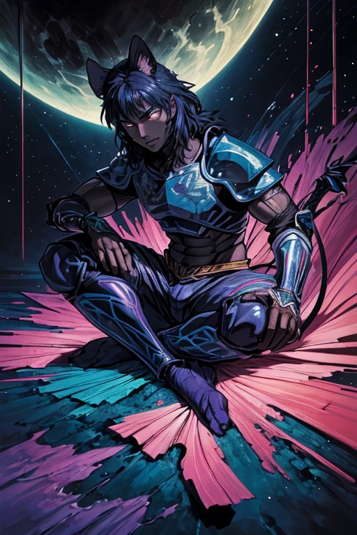 a warrior tiger god, full body, using a long spear, and leather armor, muscular, pink and navy blue, vibrant, in the bright cosmos, a hairy young man with an ethereal and devilish behavior appears, his features bathed in the lunar glow. His skin, pink and navy blue striped, reflecting like a mirror, the starry night.  Within its captivating gaze, galaxies swirl, vibrant hues of cosmic dust and celestial wonders painting a mesmerizing tapestry in shades of blue.  Adorning its ferociously caged mouth are a pair of saber-toothed fangs, a sharp addition that adds a savage touch to its captivating gaze.  His presence evokes a sense of pride, drawing the viewer into a realm where darkness and beauty intertwine. As his presence commands attention, the enigmatic allure of this captivating figure captivates the imagination, inviting contemplation of the hidden depths that lie beneath his captivating gaze.