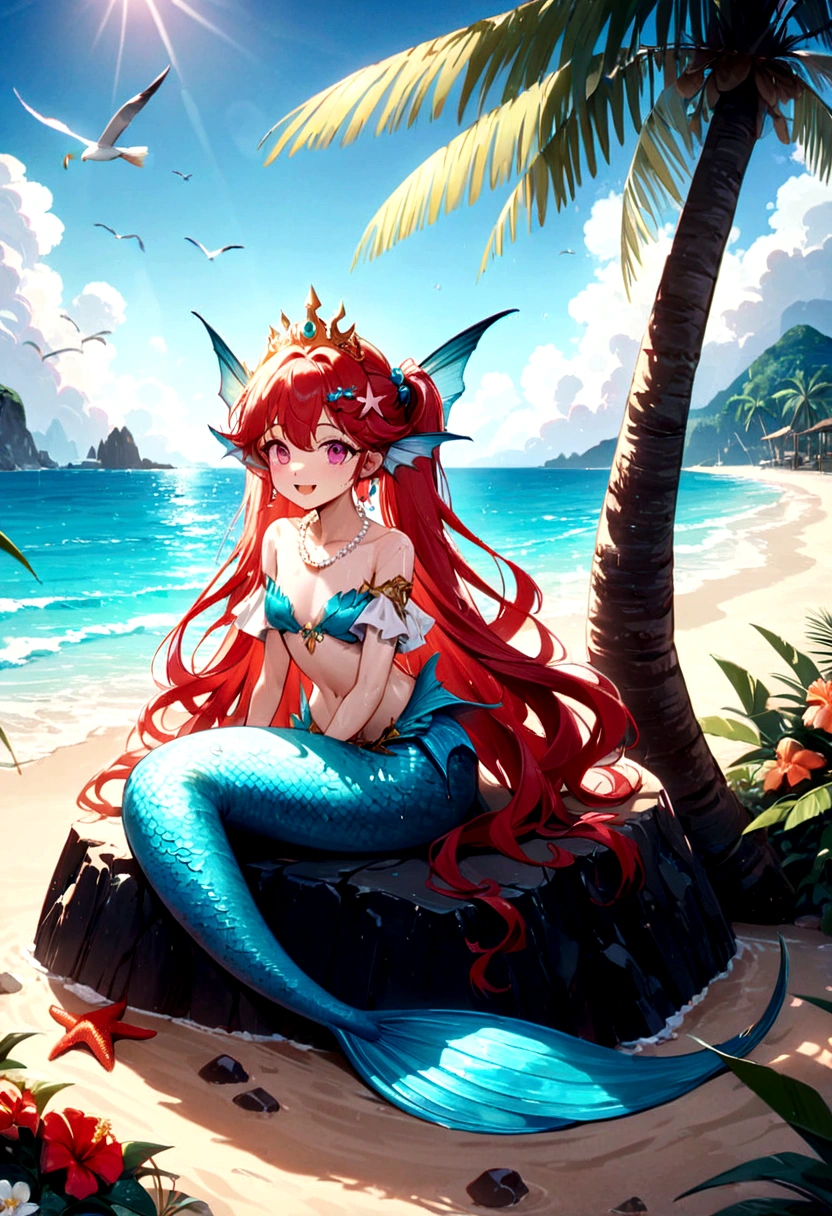 (best quality,4k,8k,highres,masterpiece:1.2),ultra-detailed, drawn in anime style, Pretty  princess magically transformed into a beautiful mermaid, race swap, fantastic transformation, steampunk, fish like, wet body, dominant shades of red, long and detailed mermaid tail with shimmering red fish scales, fins ears, very long pigtails red hair that sparkles in the light, pearl hair ornaments, sharp teeth, is smiling, pink eyes, small breast, long pelvic and dorsal fins, pair of fish gills on her neck and torso, red shell bra, starfish hair clips, pearl earrings and bracelets, pearl necklace, hair ribbons, gold tiara, embracing her new life has a mermaid, joyful expression, sitting on a rock, sandy beach, brushing her hair, ocean waves,sparkling water,coconut trees,seagulls,vibrant colors,magical glow,shimmering scales,sea breeze,warm sunlight,joyful expression,island paradise,lush tropical plants,dynamic composition,soft and smooth lines,expressive facial features,gentle water reflections,serene atmosphere, Highly detailed, masterpiece, high quality, 4K