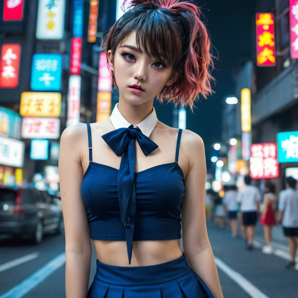 (8k, RAW photo, masterpiece:1.3), (realistic, photo-realistic:1.37), (night), (looking at viewer:1.331), (bloody hair), posing, Tokyo street, nightcityscape, cyberpunk city, soft light, topless girl, extremely beautiful face, bust, put down hands, Random hairstyle, Random expression, big eyes, huge chests, lower abdomen, deep neckline, (short-sleeved .JK_shirt), JK_style, (dark blue short JK_skirt), (bow JK_tie), mix4., best quality