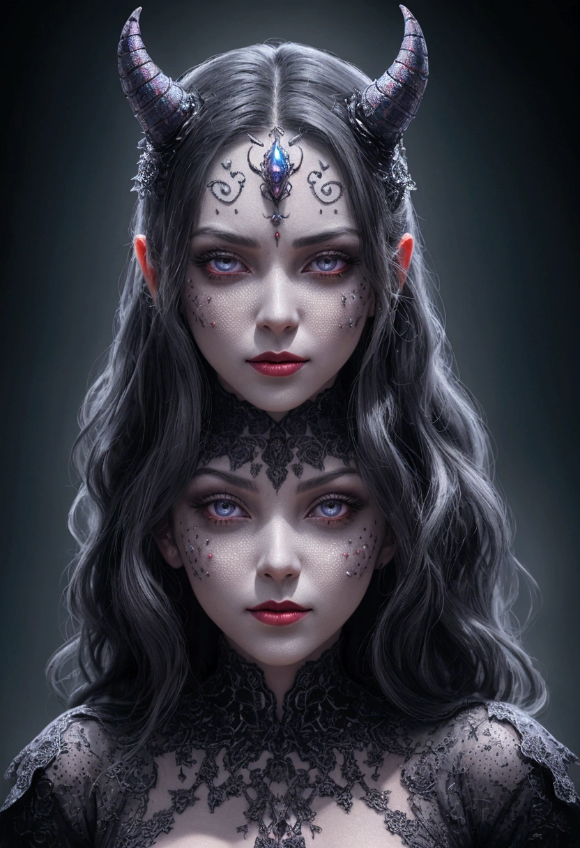 Absurd, High resolution, Super detailed, (Devilish Woman:1. 2), Pixel art technique, Dotted shadow, Intricate details, Small dots, Texture Effects, subtle gradients, Fascinating craftsmanship, infrared photography, tones of another world, Surreal Landscape, Invisible Light, Mysterious glow, Vibrant colors, Phantom effect