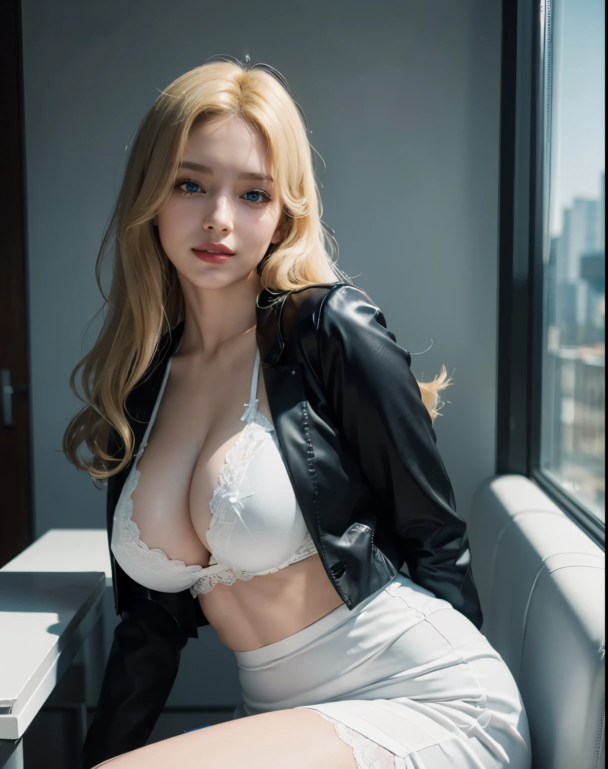 1girl, (Blue Eyes), (smiling :1.2), (wide hips), (big tits :1.1), (big ass), (Best Quality, 8k, Masterpiece: 1.3), Clear Focus: 1.2, Perfect Body Beauty: 1.4, strong abs, Highly detailed face and skin texture, detailed eyes, double eyelids, (blonde long hair :1.2), Close-up photo of the upper body, (black blazer), (white cutter shirt), (Black Long Pencil Skirt), office, Sitting on a chair with legs spread,(white light lace lingerie:1.1), showing her tits