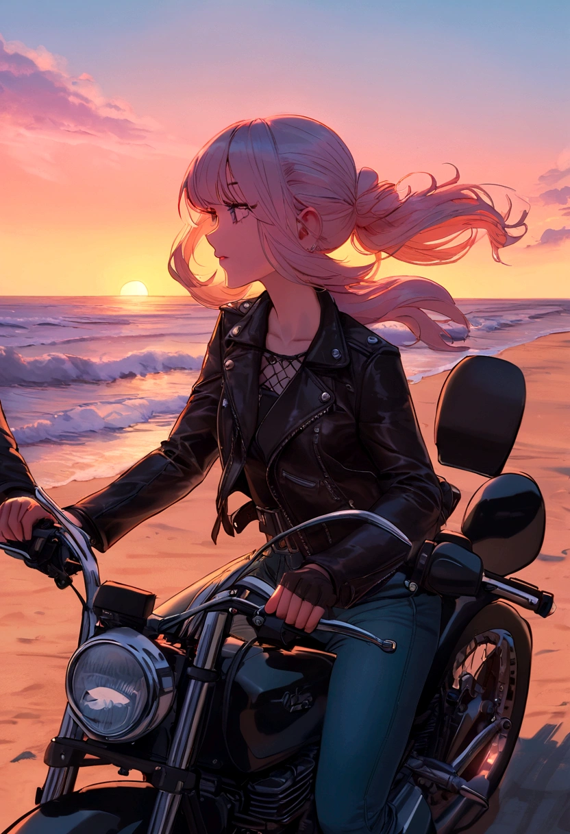 uma mulher de cabelo rosa pastel e um homem musculoso de cabelo grisalho e ondulado. the two are in biker clothes on a motorbike and watching the sunset