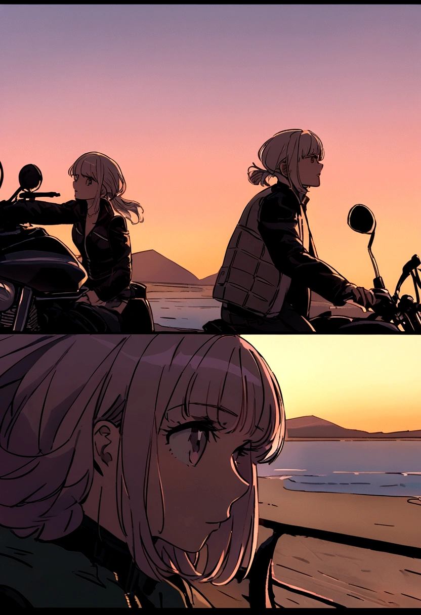 uma mulher de cabelo rosa pastel e um homem musculoso de cabelo grisalho e ondulado. the two are in biker clothes on a motorbike and watching the sunset