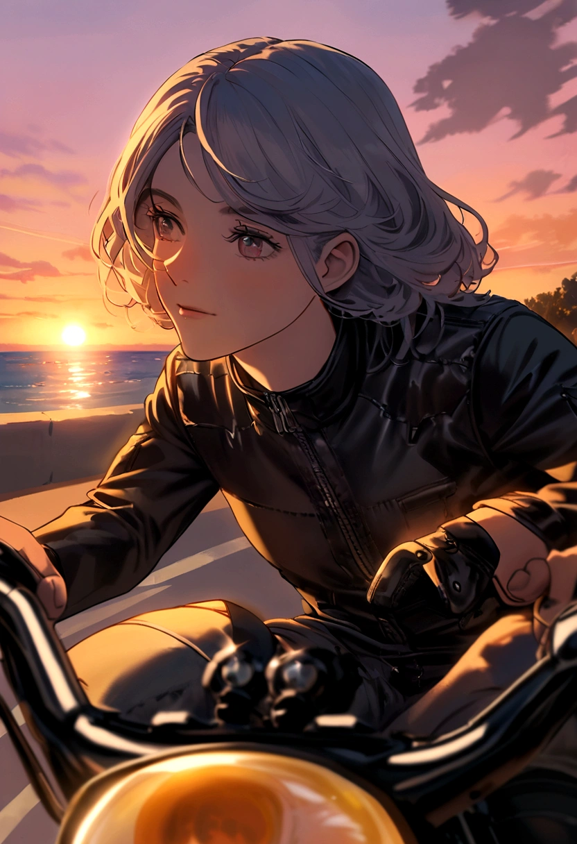 uma mulher de cabelo rosa pastel e um homem musculoso de cabelo grisalho e ondulado. the two are in biker clothes on a motorbike and watching the sunset
