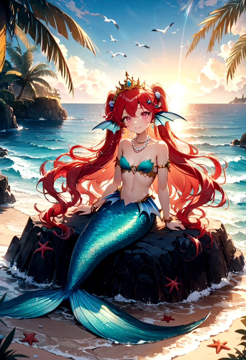 (best quality,4k,8k,highres,masterpiece:1.2),ultra-detailed, drawn in anime style, Pretty 15 years old princess magically transformed into a beautiful mermaid, race swap, fantastic transformation, steampunk, fish like, wet body, dominant shades of red, long and detailed mermaid tail with shimmering red fish scales, fins ears, very long pigtails red hair that sparkles in the light, pearl hair ornaments, sharp teeth, is smiling, pink eyes, small breast, long pelvic and dorsal fins, pair of fish gills on her neck and torso, red shell bra, starfish hair clips, pearl earrings and bracelets, pearl necklace, hair ribbons, gold tiara, embracing her new life has a mermaid, joyful expression, sitting on a rock, sandy beach, brushing her hair, ocean waves,sparkling water,coconut trees,seagulls,vibrant colors,magical glow,shimmering scales,sea breeze,warm sunlight,joyful expression,island paradise,lush tropical plants,dynamic composition,soft and smooth lines,expressive facial features,gentle water reflections,serene atmosphere, Highly detailed, masterpiece, high quality, 4K