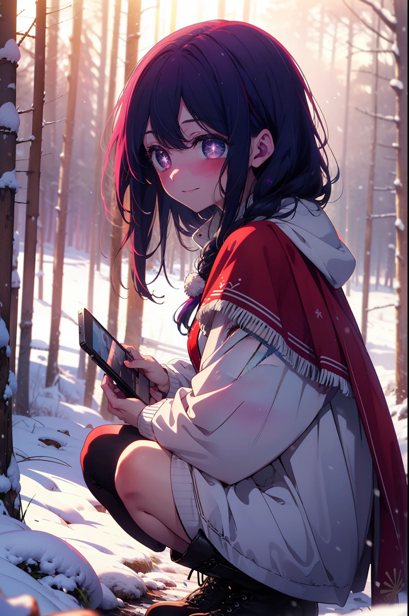 aihoshino, Ai Hoshino, Long Hair, bangs, (Purple eyes:1.1), Purple Hair, (Symbol-shaped pupil:1.5), smile,,smile,blush,White Breath,
Open your mouth,snow,Ground bonfire, Outdoor, boots, snowing, From the side, wood, suitcase, Cape, Blurred, , forest, White handbag, nature, Squat, Mouth closed, Cape, winter, Written boundary depth, Black shoes, red Cape break looking at viewer, Upper Body, whole body, break Outdoor, forest, nature, break (masterpiece:1.2), highest quality, High resolution, unity 8k wallpaper, (shape:0.8), (Beautiful and beautiful eyes:1.6), Highly detailed face, Perfect lighting, Extremely detailed CG, (Perfect hands, Perfect Anatomy),