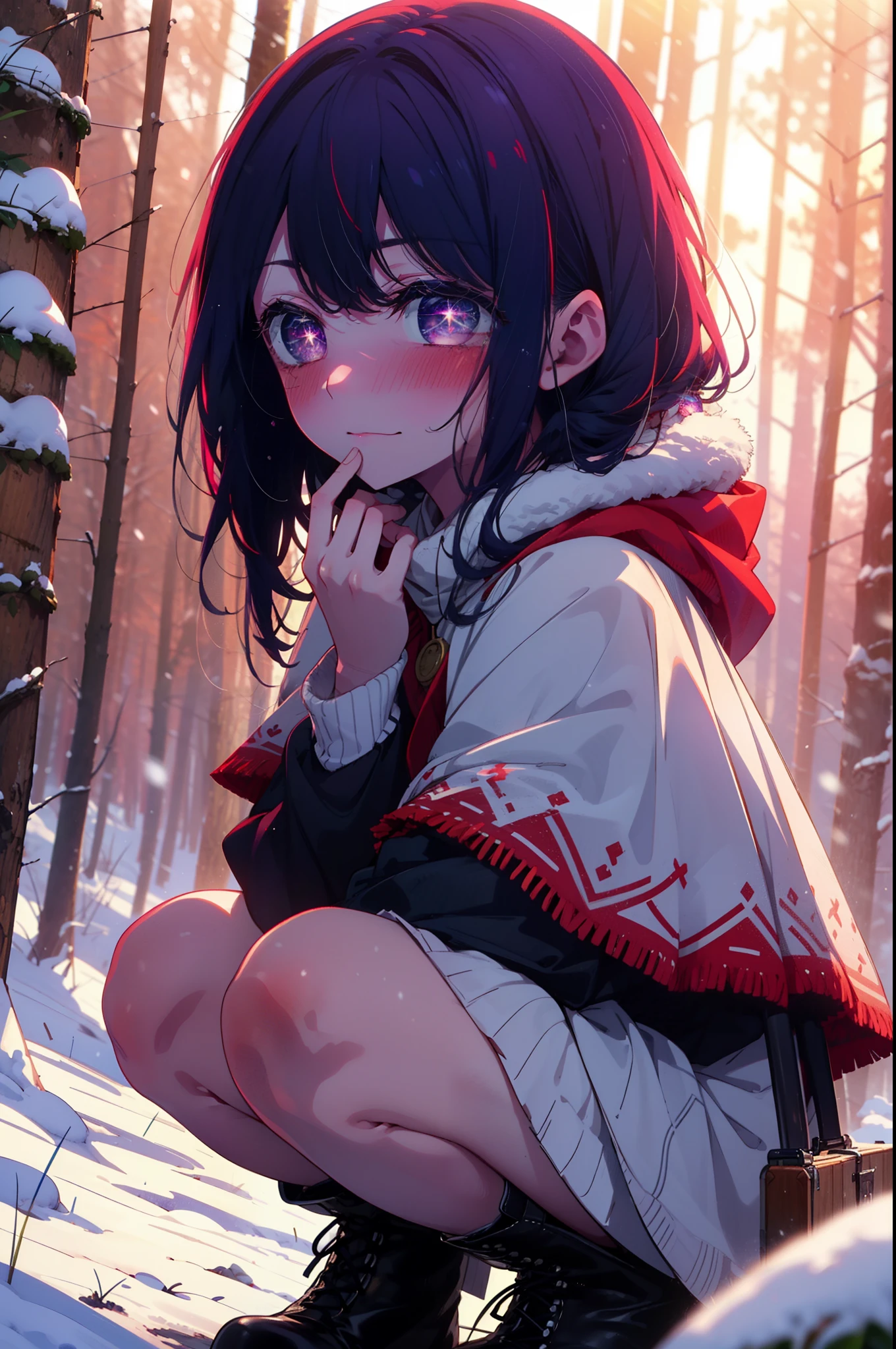 aihoshino, Ai Hoshino, Long Hair, bangs, (Purple eyes:1.1), Purple Hair, (Symbol-shaped pupil:1.5), smile,,smile,blush,White Breath,
Open your mouth,snow,Ground bonfire, Outdoor, boots, snowing, From the side, wood, suitcase, Cape, Blurred, , forest, White handbag, nature, Squat, Mouth closed, Cape, winter, Written boundary depth, Black shoes, red Cape break looking at viewer, Upper Body, whole body, break Outdoor, forest, nature, break (masterpiece:1.2), highest quality, High resolution, unity 8k wallpaper, (shape:0.8), (Beautiful and beautiful eyes:1.6), Highly detailed face, Perfect lighting, Extremely detailed CG, (Perfect hands, Perfect Anatomy),