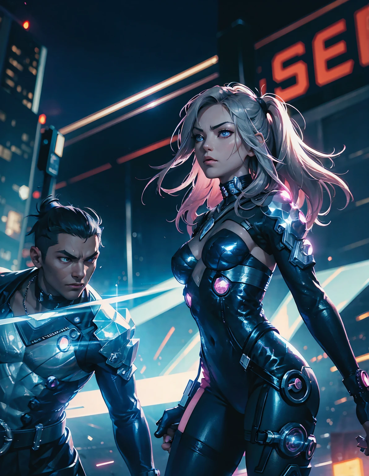 In the cyberpunk city at night、A female steel cyborg is engaged in a fierce street fight with a male cyborg.。Sparks、There is a sense of tension all around。With neon lights shining、Steel bodies collide、The sound of the collision spread with a metallic resonance.。This battle、It gives the city at night more energy and tension.。