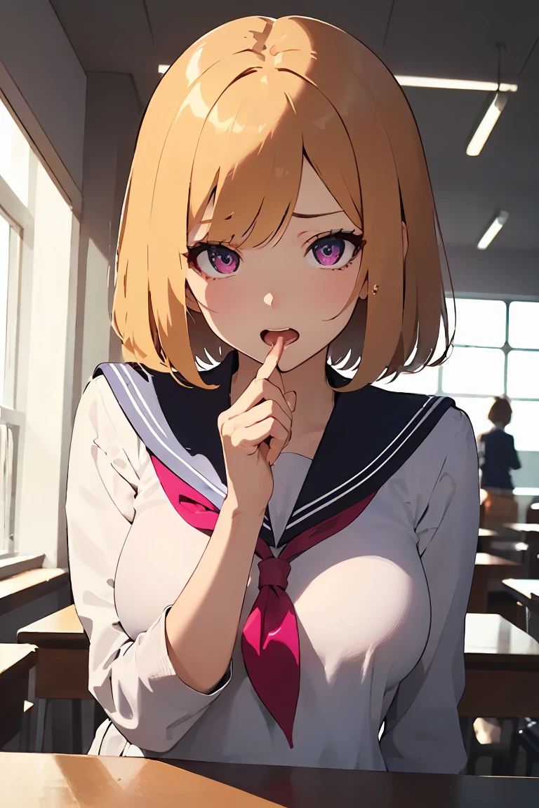 masterpiece, absurdres, best quality, ultra detailed, high Resolution, detailed illustration, bright colour, (extremely beautiful detailed face and eyes, Delicate beautiful face, 1 girl, cute face:1.3), (magenta eyes:1.1), sparkling eyes, big eyes, medium breasts, (perky breasts:1.1), (pointy breasts:1.1), medium hips, glamorous body, white skin, BREAK, long bob cut, (blonde hair:0.8), messy hair, detailed hair, shiny hair, BREAK (Sailor suit, no brassiere:1.3), perfect lighting, (embarrassed:1.3), (ecstasy, vulgarity:1.5), (trembling:0.8), classroom, paizuri, 