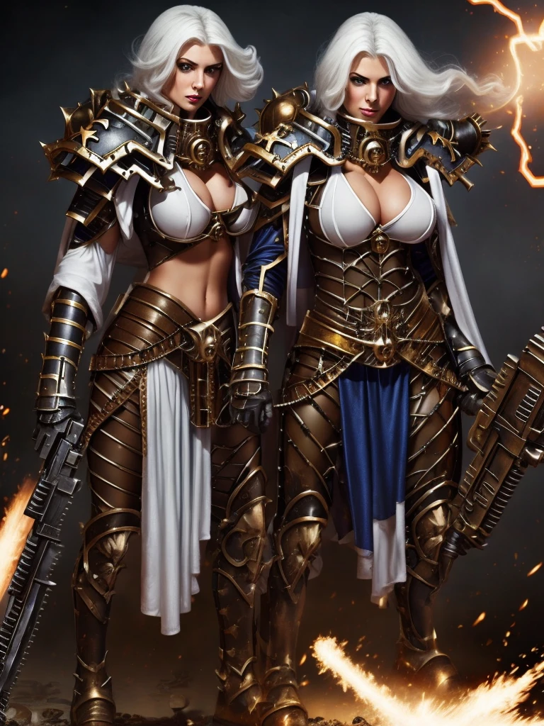 A super sexy Warhammer battle sister with her bolt gun, huge tits, big cleavage, semi nude, body sweat, white hair.