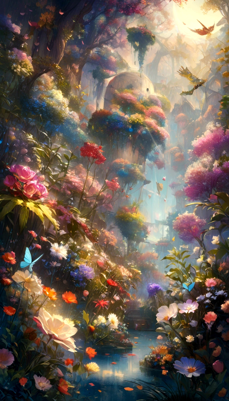 The background is greenblue,moon light,All expressed with jewels, the arrival of spring, various beautiful flower
, Beautiful Rainbow-colored feathers swallowtail butterfly,angles looking up from below, various jewels falling from the sky, wonderful and beautiful superb view, slightly hazy, fantastic, high resolution, 8K, (best quality, highres, realistic:1.37), shiny metallic flowers, intricate and delicate petals, reflective surfaces, vibrant colors, intricate details, close-up view, surreal garden, surreal beauty, dreamy atmosphere, fine art, abstract botanicals, metallic sculpture, contrasting textures, ethereal glow