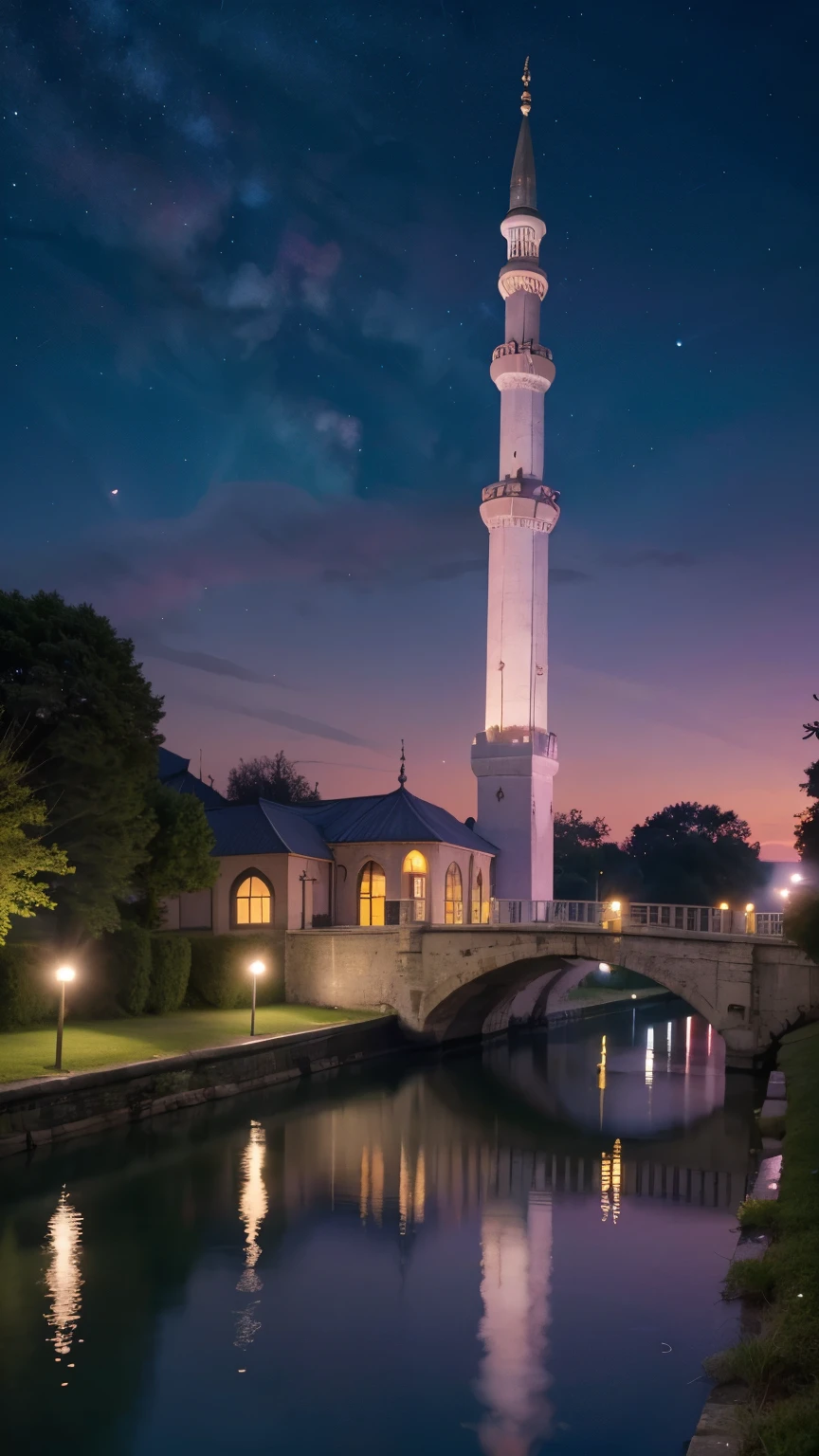 mosque, beautiful, exterior, trees, river, sexy, night, (((colorful sky))), grassy, flat landscape, mercy, blessing, beauty, (((night sky))), ((( stard)))