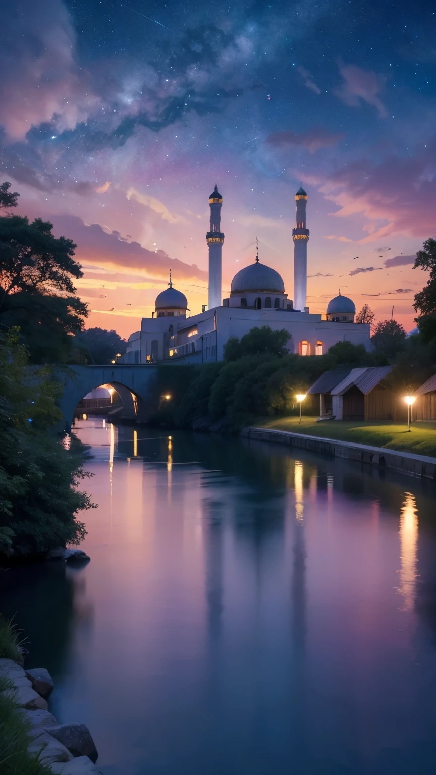 mosque, beautiful, exterior, trees, river, sexy, night, (((colorful sky))), grassy, flat landscape, mercy, blessing, beauty, (((night sky))), ((( stard)))