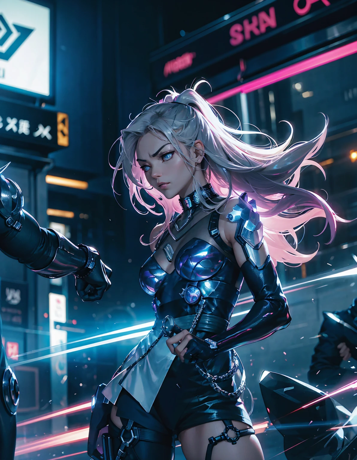 In the cyberpunk city at night、A female steel cyborg is engaged in a fierce street fight with a male cyborg.。Sparks、There is a sense of tension all around。With neon lights shining、Steel bodies collide、The sound of the collision spread with a metallic resonance.。This battle、It gives the city at night more energy and tension.。