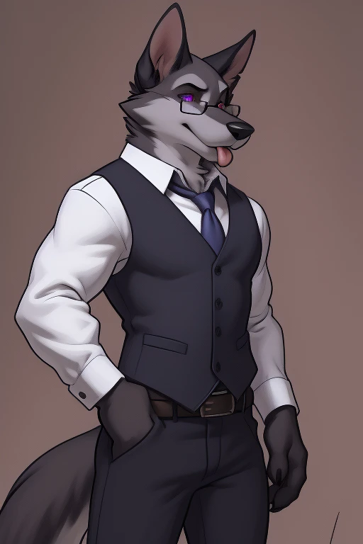 solo:1 vortex:0.8 \(helluva boss\), hellhound, skinny:1, masculine:1.2, black body, grey fur, red sclera, white eyes, male, (correct anatomy):1, solo, bare paws, hypnotized with glowing purple eyes, tongue out, glasses, blue:2.4 vest, black collar, collared (white shirt):1.4 long sleeves, black pants, belt, by takemoto arashi, by meesh, by Taran Fiddler)
