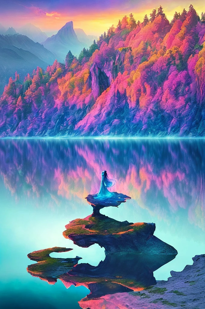 Photography that captures the essence of a magical dream world. The cliff of epic legend，Hanging over a beautiful lake, Surreal and vibrant colors light up its reflections. The atmosphere is otherworldly, Soft nightlight casts ethereal shadows. Images create a sense of depth and mystery, It&#39;s as if the audience is transported to another dimension, Create beautiful and memorable compositions.huge dragon monster,Reference Space Warrior Bahamut,silver white gold bahamut. The shocking feeling of an epic legend, Shot using Canon EosIII Zeiss 120mm wide angle