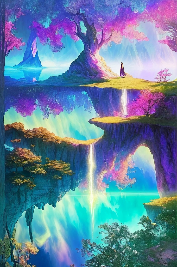 Photography that captures the essence of a magical dream world. The cliff of epic legend，Hanging over a beautiful lake, Surreal and vibrant colors light up its reflections. The atmosphere is otherworldly, Soft nightlight casts ethereal shadows. Images create a sense of depth and mystery, It&#39;s as if the audience is transported to another dimension, Create beautiful and memorable compositions.huge dragon monster,Reference Space Warrior Bahamut,silver white gold bahamut. The shocking feeling of an epic legend, Shot using Canon EosIII Zeiss 120mm wide angle