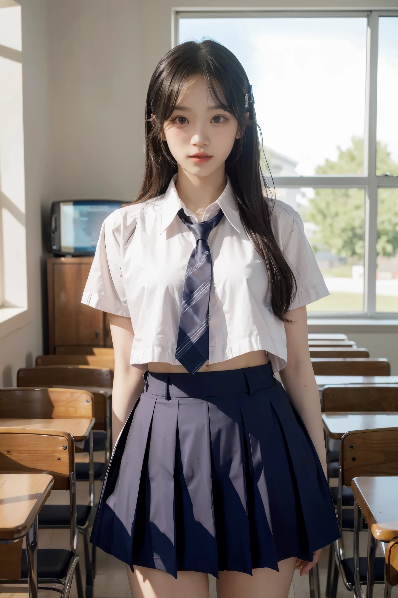 Shiina midday, classroom, uniform, highest quality, highly detailed, realistic shadows, realistic texture  ,1girl,