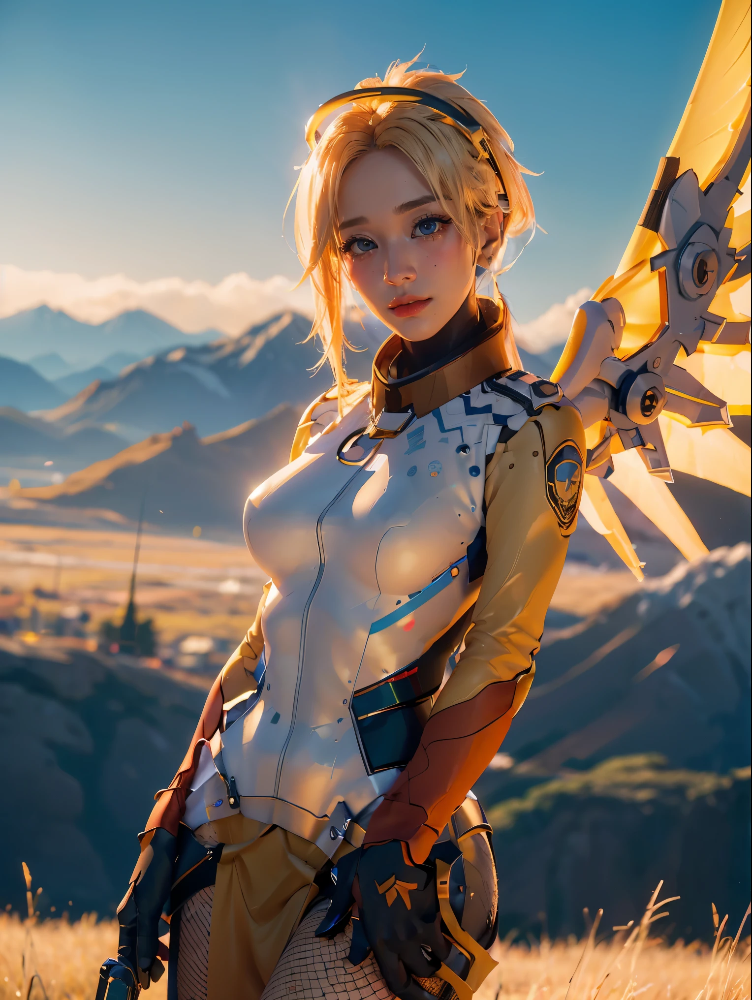1girl, solo, mercy (overwatch), mechanical halo, breasts, blue eyes, blonde hair, pantyhose, mechanical wings, wings, halo, holding, bodysuit, yellow wings, brown pantyhose, lips, gloves, pelvic curtain, black gloves, big breast, full body, blue sky, green field with mountains, (realism:1.2), (masterpiece:1.2), (best quality), (ultra detailed), (8k, intricate), (85mm), light particles, lighting, (highly detailed:1.2), (detailed face:1.5), (gradients), sfw, colorful, (detailed eyes:1.2), (detailed background), (rule of third_composition:1.3), (Line of action:1.2), wide shot, daytlight, solo.
