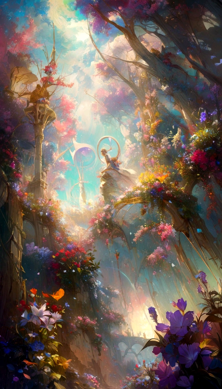 The background is greenblue,moon light,All expressed with jewels, the arrival of spring, various beautiful flower
, Beautiful Rainbow-colored feathers swallowtail butterfly,angles looking up from below, various jewels falling from the sky, wonderful and beautiful superb view, slightly hazy, fantastic, high resolution, 8K, (best quality, highres, realistic:1.37), shiny metallic flowers, intricate and delicate petals, reflective surfaces, vibrant colors, intricate details, close-up view, surreal garden, surreal beauty, dreamy atmosphere, fine art, abstract botanicals, metallic sculpture, contrasting textures, ethereal glow