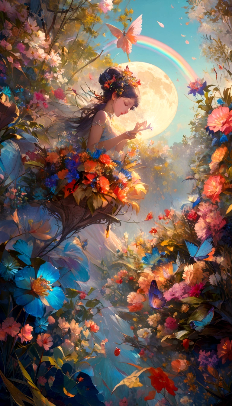The background is greenblue,moon light,All expressed with jewels, the arrival of spring, various beautiful flower
, Beautiful Rainbow-colored feathers swallowtail butterfly,angles looking up from below, various jewels falling from the sky, wonderful and beautiful superb view, slightly hazy, fantastic, high resolution, 8K, (best quality, highres, realistic:1.37), shiny metallic flowers, intricate and delicate petals, reflective surfaces, vibrant colors, intricate details, close-up view, surreal garden, surreal beauty, dreamy atmosphere, fine art, abstract botanicals, metallic sculpture, contrasting textures, ethereal glow