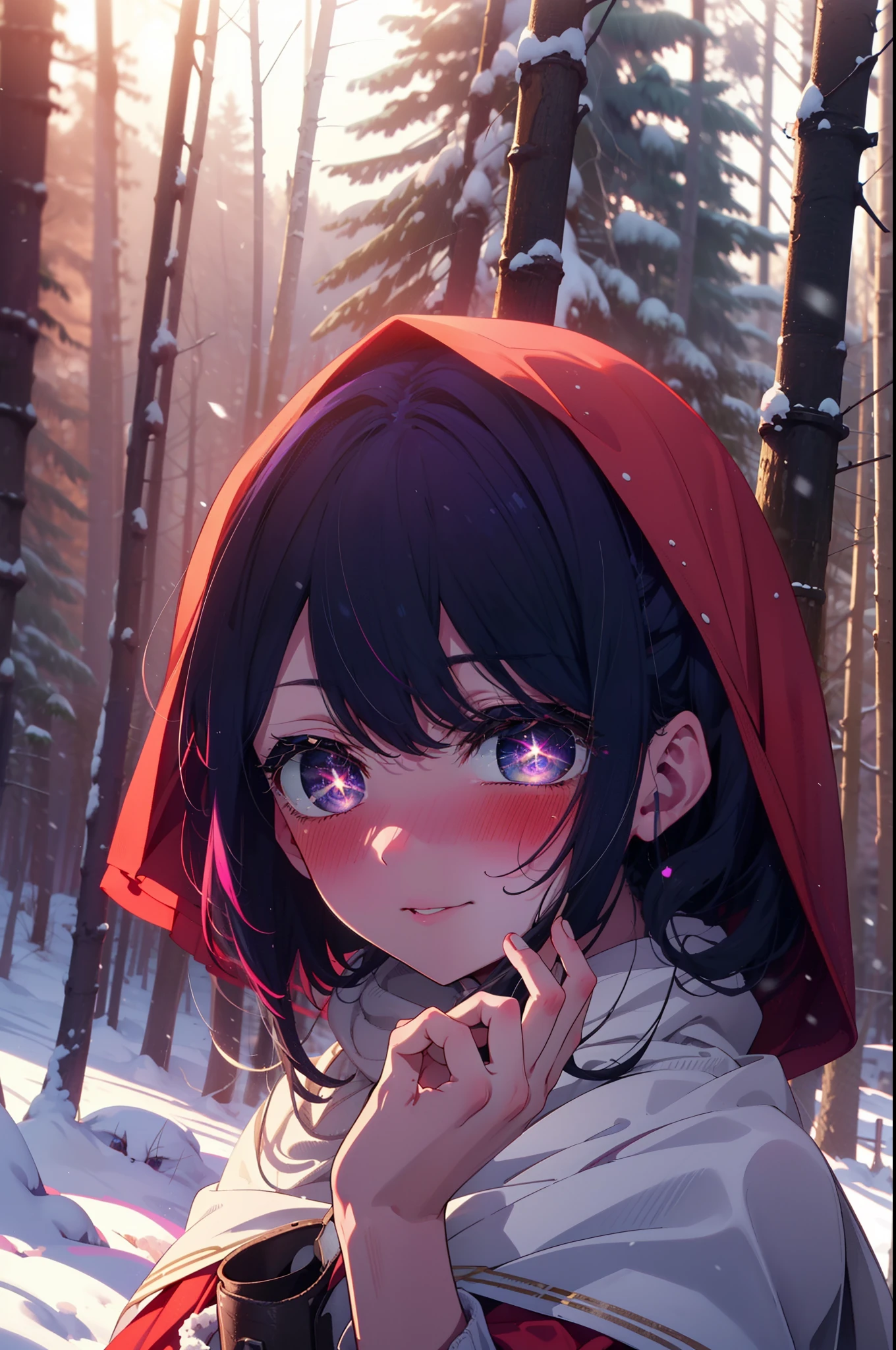 aihoshino, Ai Hoshino, Long Hair, bangs, (Purple eyes:1.1), Purple Hair, (Symbol-shaped pupil:1.5), smile,,smile,blush,White Breath,
Open your mouth,snow,Ground bonfire, Outdoor, boots, snowing, From the side, wood, suitcase, Cape, Blurred, , forest, White handbag, nature, Squat, Mouth closed, Cape, winter, Written boundary depth, Black shoes, red Cape break looking at viewer, Upper Body, whole body, break Outdoor, forest, nature, break (masterpiece:1.2), highest quality, High resolution, unity 8k wallpaper, (shape:0.8), (Beautiful and beautiful eyes:1.6), Highly detailed face, Perfect lighting, Extremely detailed CG, (Perfect hands, Perfect Anatomy),