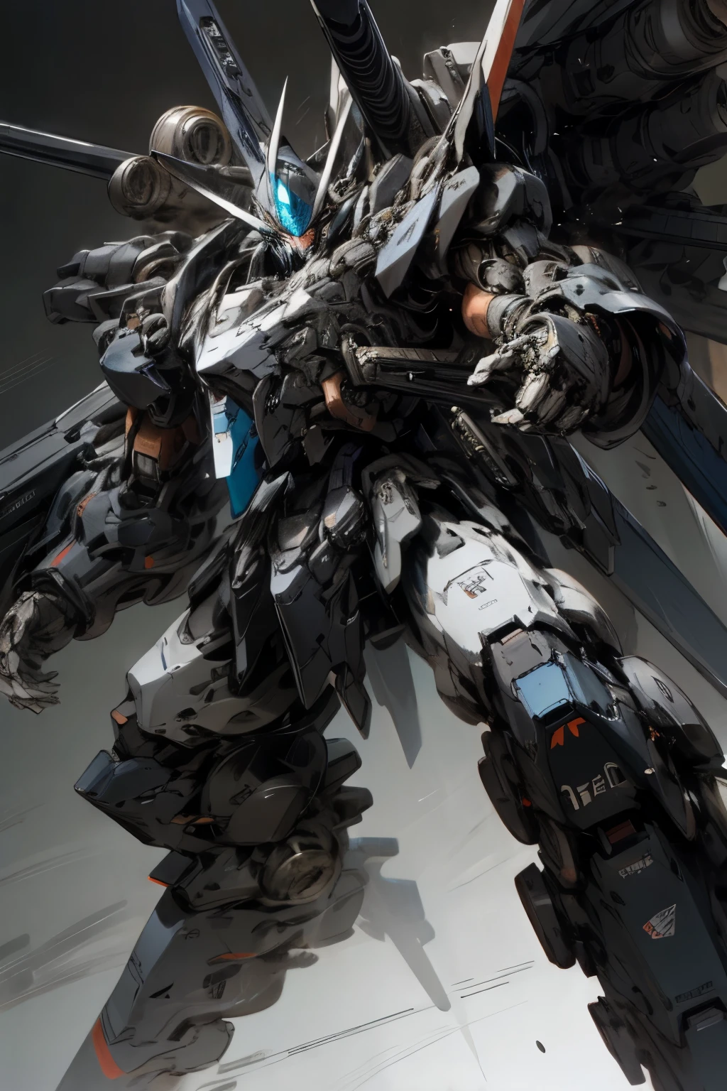 mecha black with blue details full of weapons without an arm