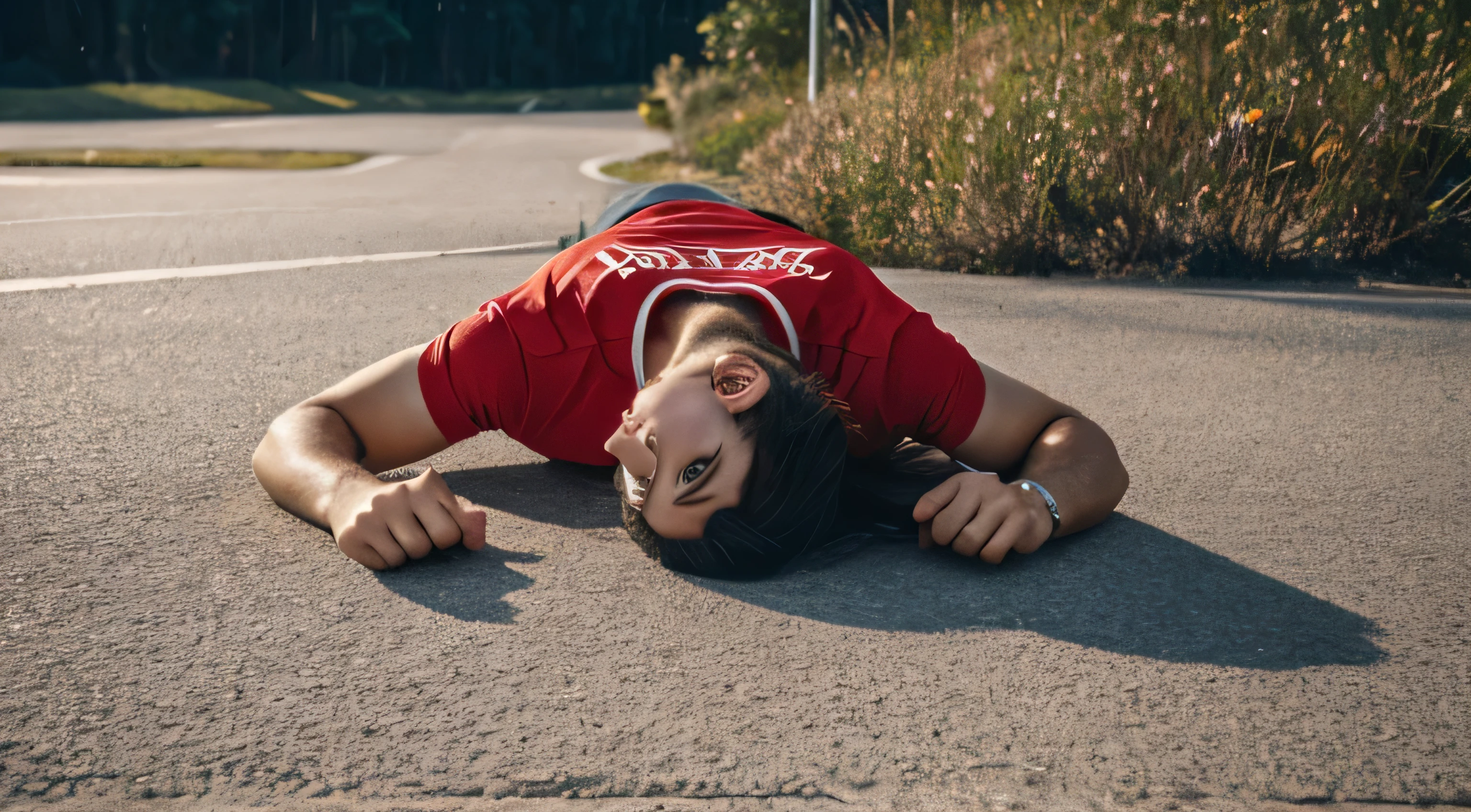 Create a man lying face down on the ground, he is face down, he is dead, he is wearing a red t-shirt and has long hair