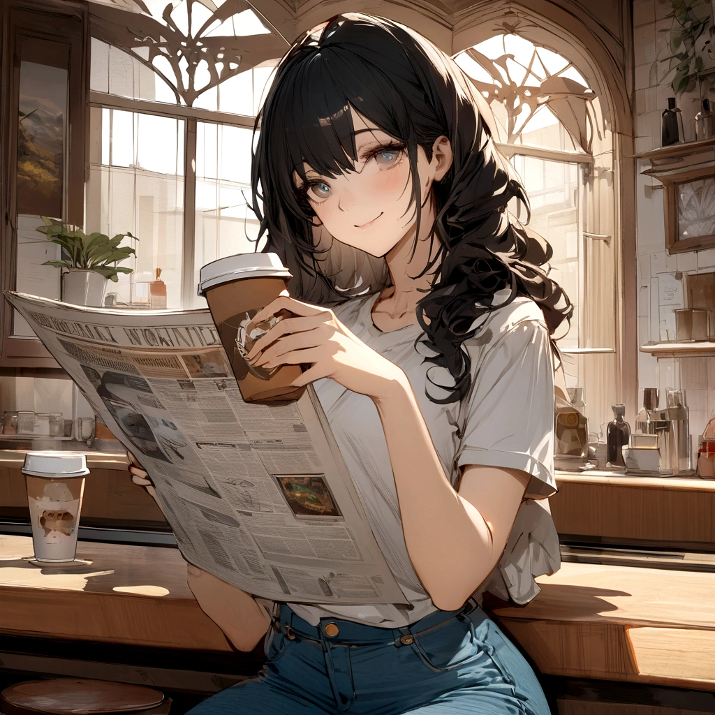 (best quality ),(masterpiece),(ultra detailed), ultra high res, (super fine illustration),Casual breakfast style, jeans and t-shirt.
Smiling while holding a coffee cup and reading a newspaper at a table in a cafe.
A pose that expresses the calm morning atmosphere and cafe culture. , (concept art by Carne Griffiths ) ,stunningly noble, stunningly beautiful ,absurdres,3d render, octane render, approaching perfection , highly detailed clothes ,intricately detailed ,8 life size  ,thicc body ,perfect anatomy ,well groomed face ,highly detailed beautiful hair , highly detailed hairstyle, symmetrical and balanced, beautiful gradient , sharp focus, 4k resolution, golden ratio, Centered image, Beautiful Composition, symmetrical and balanced,