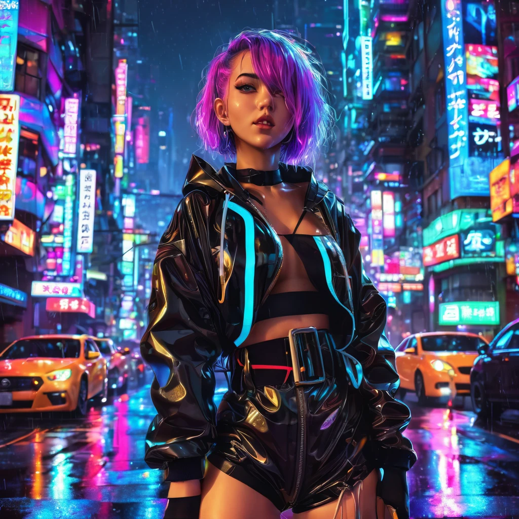 portrait, 1 girl, beautiful face, asymmetrical hair, multi-colored hair, belt, bodysuit, covered mouth, covered navel, detached sleeves, grey eyes, hip vent, open jacket, cute, look at viewer, night city, neon, rainy,