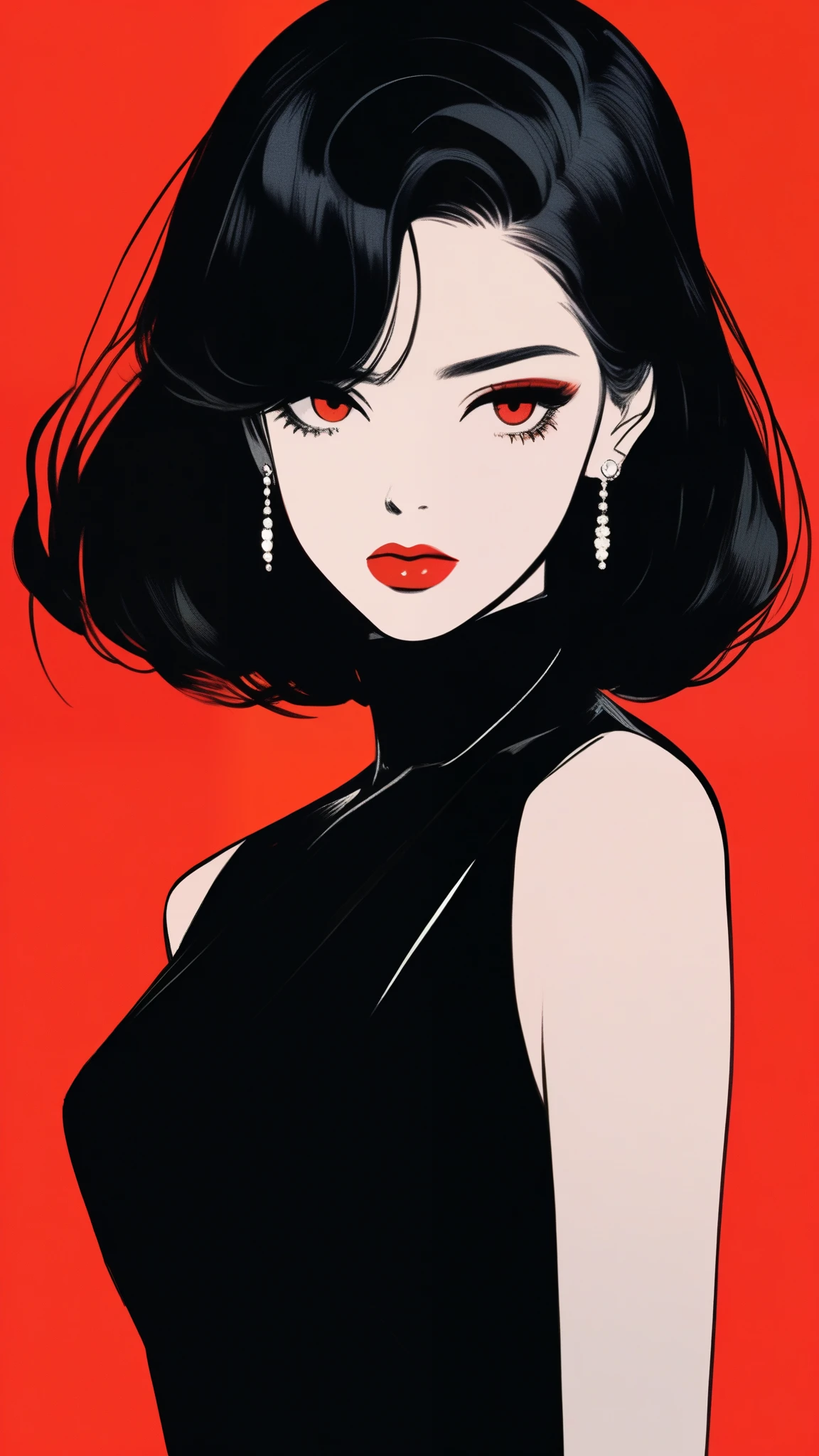 1 girl, detailed lips, black dress, custom, neon hair, textured cropping, style retro classic, noir dark, art, sketch book, bob hair black:1.75, neon:1.32, bad women, dark shadows, illustrator, anime, background dark monochrome, strict woman, royal family