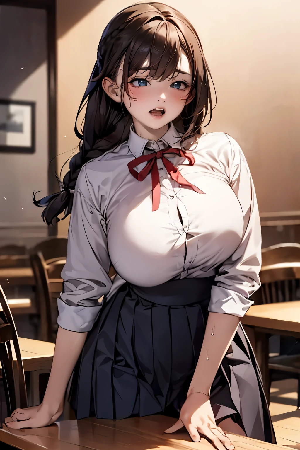 (round face), eyes with realistic sizing, drooping eyes, blush, sweat, shame, pleated skirt, ribbon, (standing close the table corner and straddling to hit her crotch against the corner of the table, self pleasure), open mouth, braid,