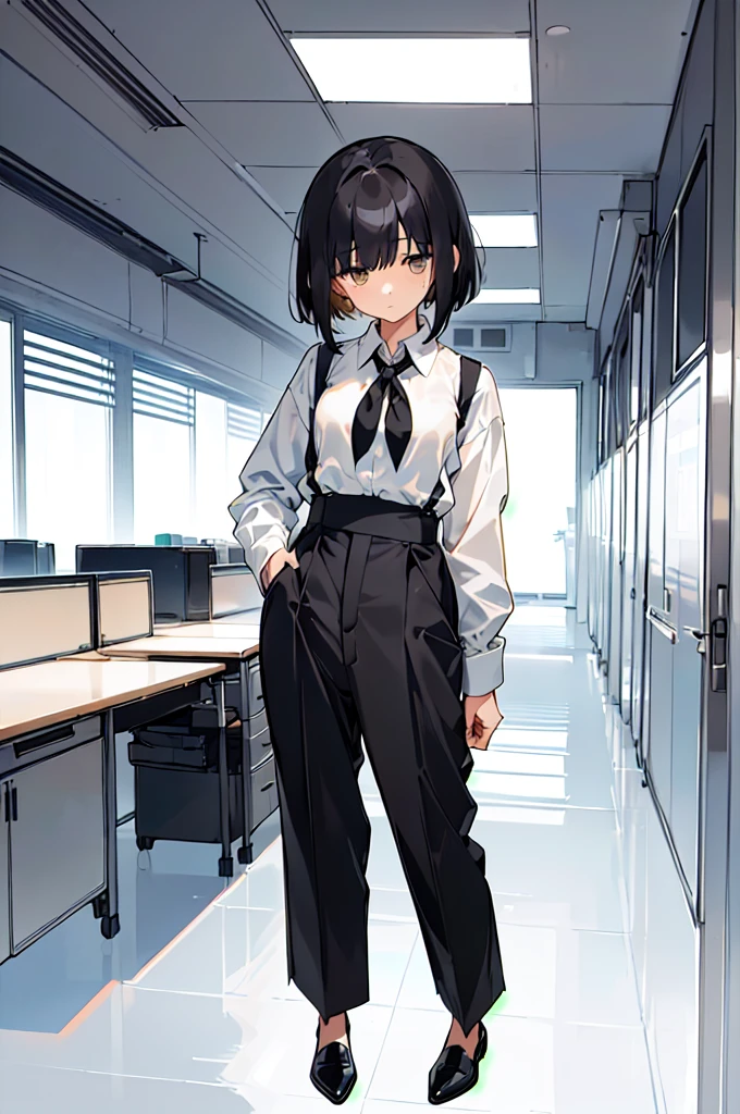 (finely best quality illustration:1.2), (((shy girl))), ((shy posture)), (((1 Girl))), (((standing up))), (((full body))), (((next to office desk))), (amber-colored irises), ((flat chested)), ((Urabe Mikoto anime style haircut)), ((messy bob cut)), ((((long bangs)))), (((((bangs covering eyes))))), (((eyes covered by bangs))), (((short black wavy hair))), ((((black high-waist long slacks)))), ((black suspenders)), (((black tie))), (((women's dress shirt))), ((women's dress shoes)), ((20-year-old Office Lady)), ((((Office Setting))).