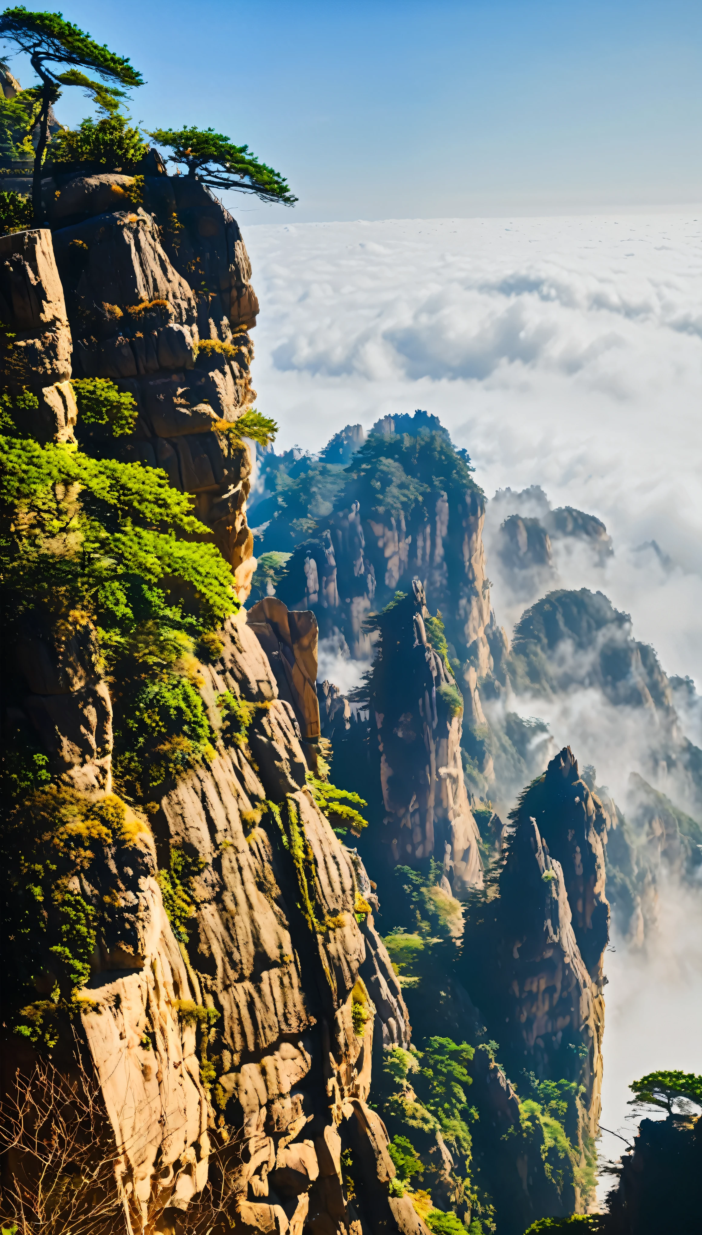 With ultra-high definition images、A breathtaking panorama opens up:A small temple with intricate carvings atop a rocky mountain in Guizhou, China。exuding a warm and inviting ambiance。The clouds form a picturesque backdrop、Adds a sense of serenity and tranquility。The temple architecture, perched precariously on the top of a sharp rocky mountain,、Reach out and touch the intricate carvings、Feel the cool breeze blowing from the top of the mountain、It&#39;s an amazingly realistic sight。An image seen from above。