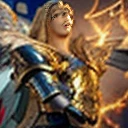 (ultra realistic,32k, masterpiece:1.2),(high detailed skin:1.1),( high quality:1.1), 8k, uhd, masterpiece, 1 boy, golden armour full decourated with friezes, light blue friezes, short blonde hairs, blue eyes, 20 years old, european, beautiful full armour, angelic sword and flames themed friezes