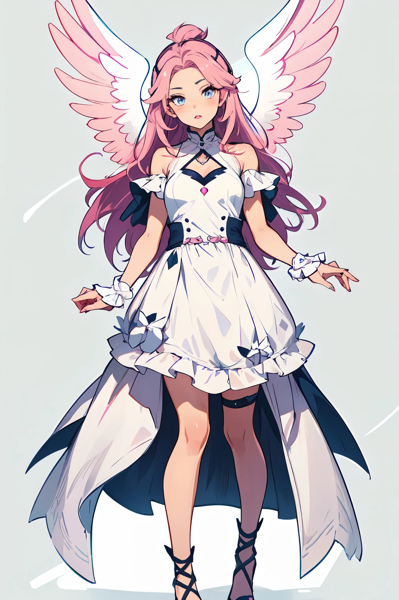 A character with a stature and slightly tanned skin. She has long, pink hair with a beautiful fringe on her forehead. Her eyes are stunningly pink, almost appearing to shine. Her lips are always painted pink. She wears dresses predominantly in white hues with various shades of pink. Typically exudes a positive and kind demeanor, seeming unbreakable in her goodness (but of course, there is a hidden hint of mischief). The character should be depicted in full body, with pink angel wings.