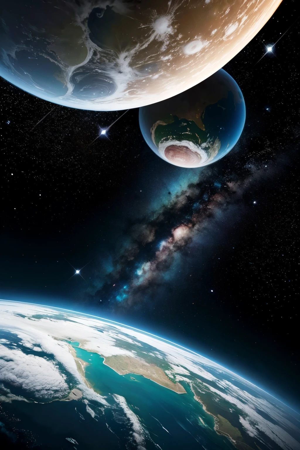 ((melhor qualidade)), ((Obra de arte)), (detalhado), 1 garota, shoulder to shoulder sweater, I would like an image depicting a scene of space exploration. The scene should feature a spaceship in the foreground, traveling through interplanetary space. In the background, several unique and exotic planets should be visible, each with distinct characteristics:
Spaceship:
A modern and futuristic rocket with advanced technology details, such as glowing thrusters and an aerodynamic shape.
Unique Planets:
Planet A: A rocky planet with huge craters and jagged mountains, surrounded by bright rings.
Planet B: An oceanic world with vast blue oceans and continents covered in dense tropical forests.
Planet C: A gaseous planet with furious storms and colorful bands intertwining in its atmosphere.
Stellar Space:
Starry background with bright stars and distant nebulae, creating a vast and impressive space environment.
Style:
The image should be semi-realistic, with vibrant colors and sharp details. The lighting should highlight both the rocket's glow and the details of the planets and stellar space.
Dimensions:
1920 x 1080 pixels (16:9 aspect ratio)