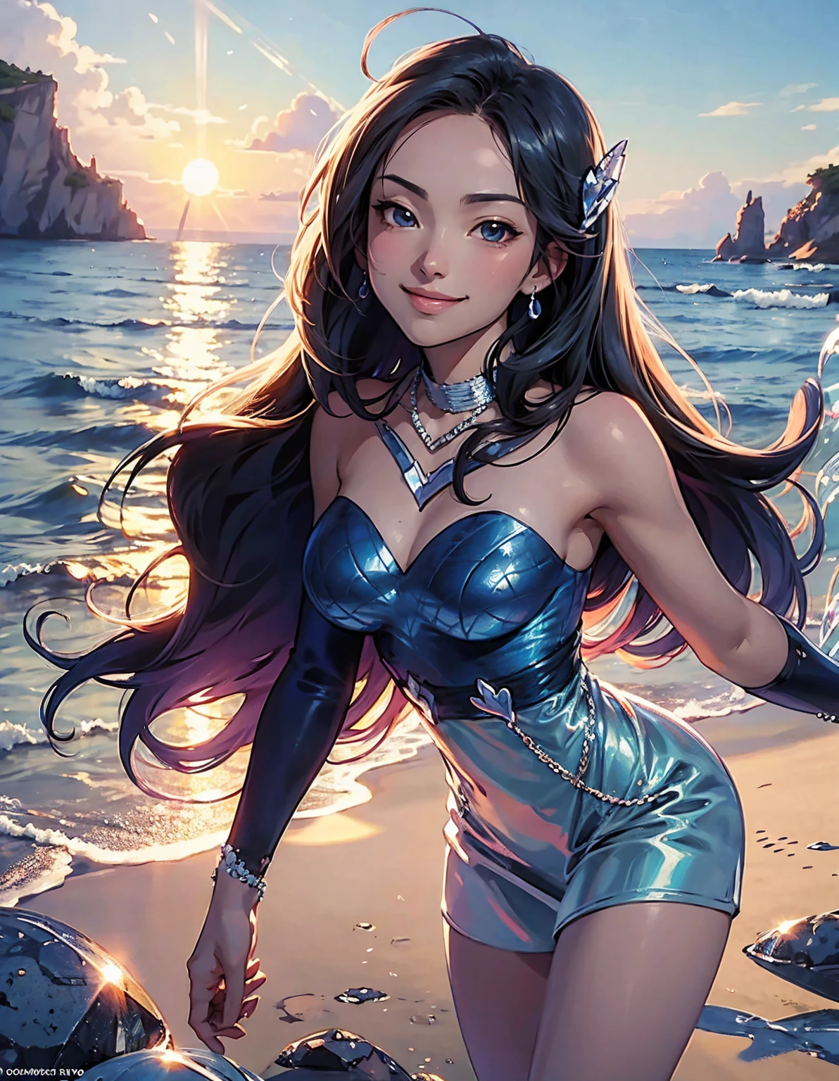 anime style, super fine illustration, highly detailed, dynamic angle, beautiful detailed, 8k, In the evening, on a beach with the sun setting over the sea, BREAK a couple, a man and a woman, lean shoulder to shoulder. They form a heart with one hand each. BREAK Both of them have beaming smiles.
