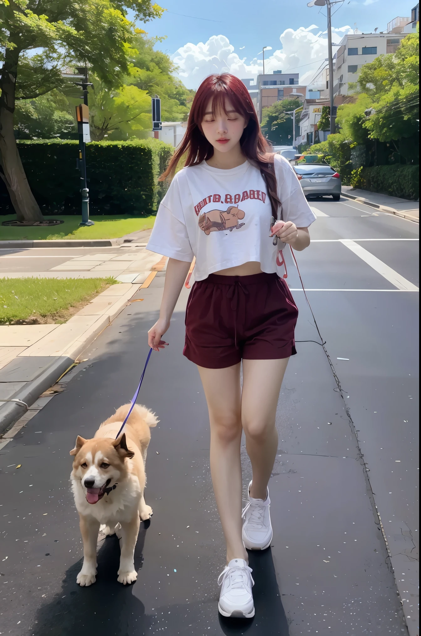 A beautiful sunny day and a laby walking his dog.. The baby is very real cinematic image.