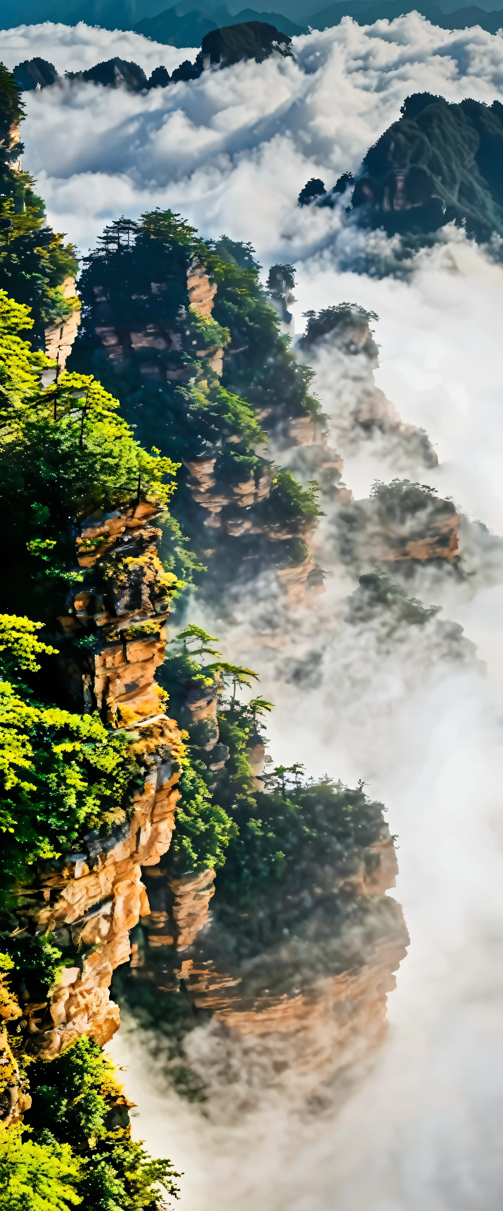 With ultra-high definition images、A breathtaking panorama opens up:A small temple with intricate carvings atop a rocky mountain in Guizhou, China。exuding a warm and inviting ambiance。The clouds form a picturesque backdrop、Adds a sense of serenity and tranquility。The temple architecture, perched precariously on the top of a sharp rocky mountain,、Reach out and touch the intricate carvings、Feel the cool breeze blowing from the top of the mountain、It&#39;s an amazingly realistic sight。An image seen from above。