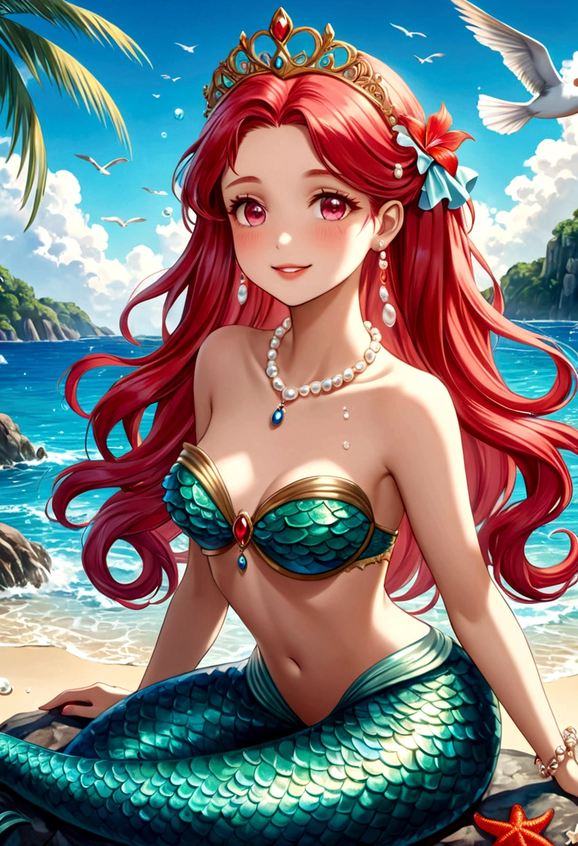 (best quality,4k,8k,highres,masterpiece:1.2),ultra-detailed, drawn in anime style, Pretty princess magically transformed into a beautiful mermaid, race swap, fantastic transformation, steampunk, fish like, wet body, dominant shades of red, long and detailed mermaid tail with shimmering red fish scales, fins ears, very long pigtails red hair that sparkles in the light, pearl hair ornaments, sharp teeth, is smiling, pink eyes, small breast, long pelvic and dorsal fins, pair of fish gills on her neck and torso, red shell bra, starfish hair clips, pearl earrings and bracelets, pearl necklace, hair ribbons, gold tiara, embracing her new life has a mermaid, joyful expression, sitting on a rock, sandy beach, brushing her hair, ocean waves,sparkling water,coconut trees,seagulls,vibrant colors,magical glow,shimmering scales,sea breeze,warm sunlight,joyful expression,island paradise,lush tropical plants,dynamic composition,soft and smooth lines,expressive facial features,gentle water reflections,serene atmosphere, Highly detailed, masterpiece, high quality, 4K