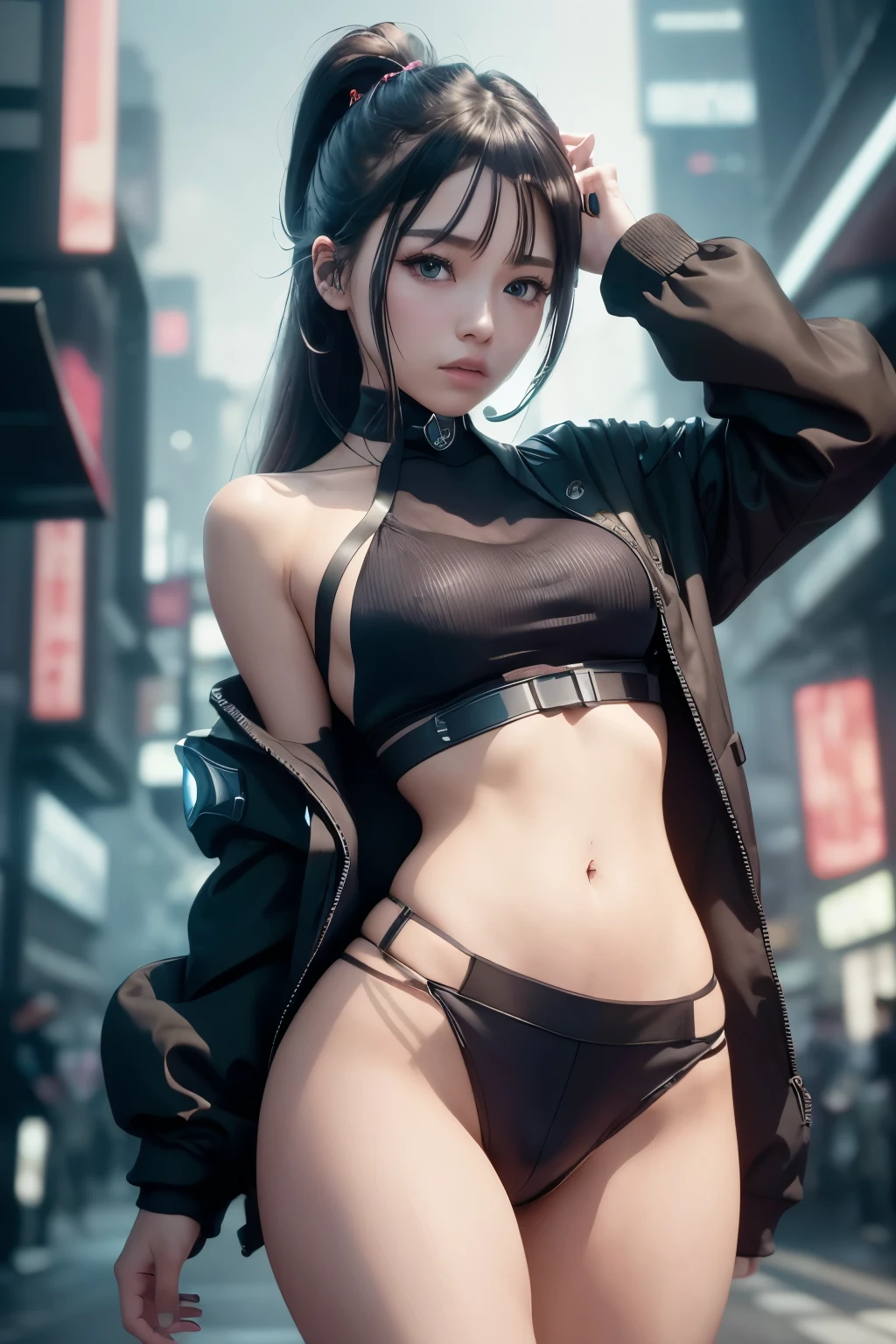(masterpiece, best quality, 8k, sharp focus, depth of field, best shadows, perfect lights, HDR, realistic skin texture, hyper detailed background), Anime style, Long Angle Shot, ((CYBERPUNK THEME)), solo, 1 woman, she is a mercenary, (green eyes, white skin, black hair with ponytail, choker, small breasts, slim, makeup, Eyeliner, gloss), she is doing a job on a futuristic korean city, holding a Tech-katana with a strong grip, night, sky, waning moon, wearing a nice tech-jacket and leather pants.