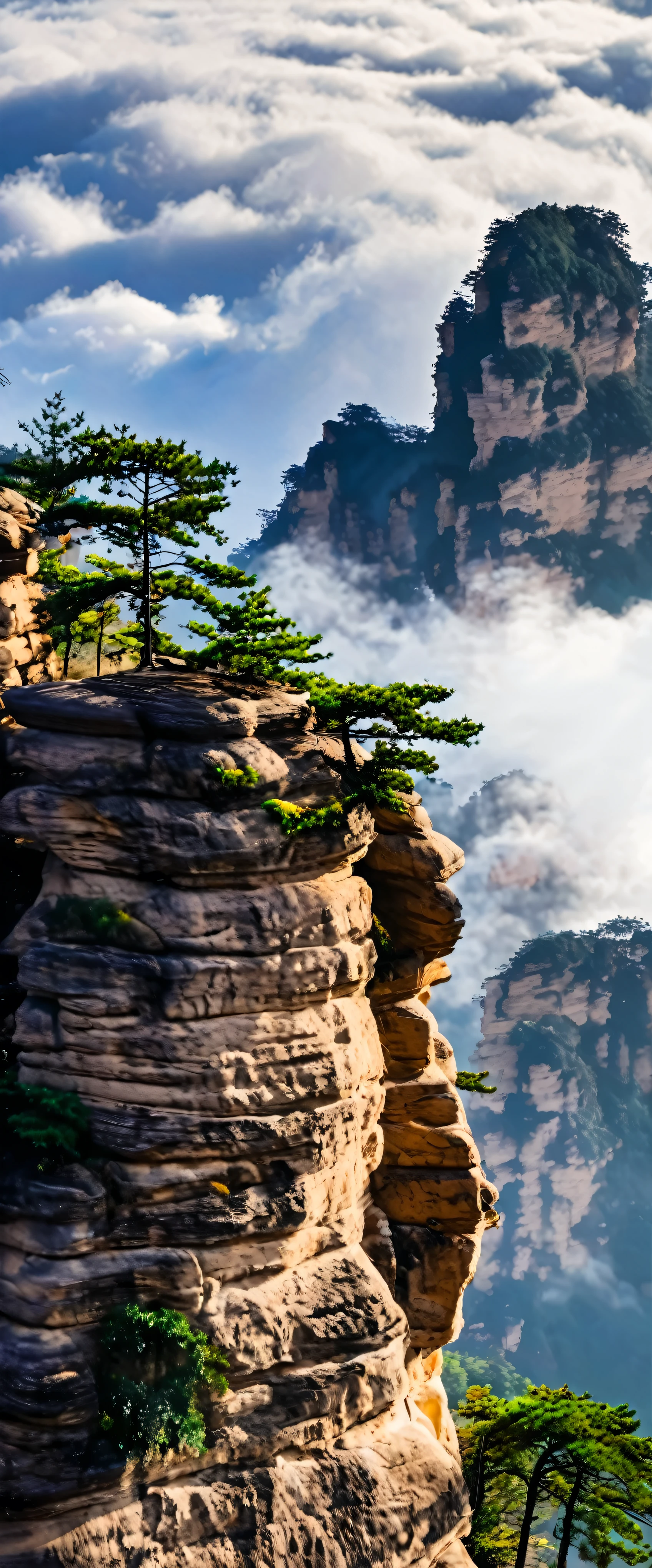 With ultra-high definition images、A breathtaking panorama opens up:A small temple with intricate carvings atop a rocky mountain in Guizhou, China。exuding a warm and inviting ambiance。The clouds form a picturesque backdrop、Adds a sense of serenity and tranquility。The temple architecture, perched precariously on the top of a sharp rocky mountain,、Reach out and touch the intricate carvings、Feel the cool breeze blowing from the top of the mountain、It&#39;s an amazingly realistic sight。An image seen from above。