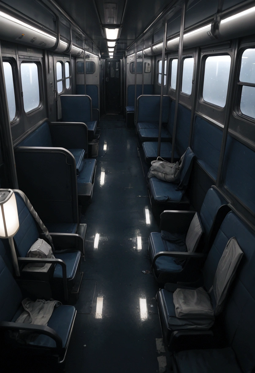 Empty interior of a night train, dimly lit with blueish fluorescent lights. Seats are mostly empty, with scattered personal belongings left behind. Windows reflect the interior, creating a claustrophobic atmosphere.